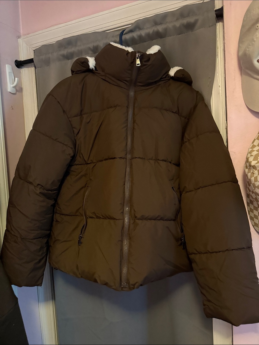 Women's Brown Puffer Jacket with Sherpa-Trim Hood